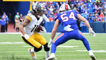 Oct 9, 2022; Orchard Park, New York, USA; Pittsburgh Steelers wide receiver Chase Claypool (11) runs with the ball against Buffalo Bills linebacker Baylon Spector (54) after a catch in the fourth quarter at Highmark Stadium. Mandatory Credit: Mark Konezny-USA TODAY Sports