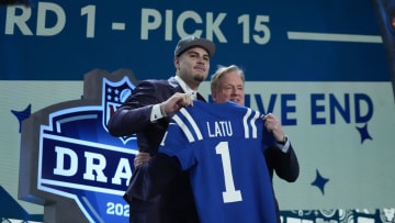 Apr 25, 2024; Detroit, MI, USA; UCLA Bruins defensive lineman Laiatu Latu poses with NFL commissioner Roger Goodell after being selected by the Indianapolis Colts as the No. 15 pick in the first round of the 2024 NFL Draft at Campus Martius Park and Hart Plaza. 