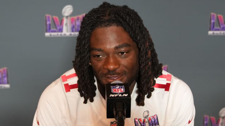 Feb 7, 2024; Las Vegas, NV, USA; San Francisco 49ers wide receiver Brandon Aiyuk (11) during a press conference before Super Bowl LVIII at Hilton Lake Las Vegas Resort and Spa. 