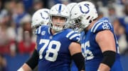 Indianapolis Colts center Ryan Kelly (78) talks with Indianapolis Colts guard Quenton Nelson (56) on Saturday, Jan. 6, 2024, during a game against the Houston Texans at Lucas Oil Stadium in Indianapolis.