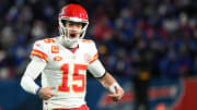 Jan 21, 2024; Orchard Park, New York, USA; Kansas City Chiefs quarterback Patrick Mahomes (15) reacts against the Buffalo Bills in the second half of the 2024 AFC divisional round game at Highmark Stadium. Mandatory Credit: Mark Konezny-USA TODAY Sports