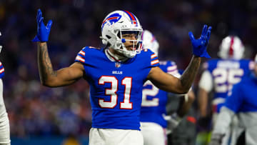 Jan 21, 2024; Orchard Park, New York, USA; Buffalo Bills cornerback Rasul Douglas (31) reacts against the Kansas City Chiefs in the 2024 AFC divisional round game at Highmark Stadium. Mandatory Credit: Mark J. Rebilas-USA TODAY Sports