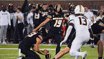 Aug 29, 2024; Columbia, Missouri, USA; Missouri Tigers place kicker Blake Craig (19) kicks a field goal against the Murray State Racers during the second half at Faurot Field at Memorial Stadium. Mandatory Credit: Denny Medley-USA TODAY Sports