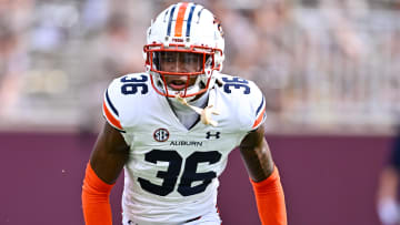 Auburn Tigers cornerback Jaylin Simpson (36) warms up prior to the game against the Texas A&M Aggies at Kyle Field.