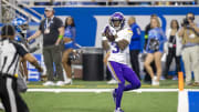 Jan 7, 2024; Detroit, Michigan, USA; Minnesota Vikings wide receiver Jordan Addison (3) catches a pass for a touchdown during second half of the game against the Detroit Lions at Ford Field. Mandatory Credit: David Reginek-USA TODAY Sports