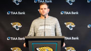 Jul 27, 2023; Jacksonville, FL, USA;  Jacksonville Jaguars offensive coordinator Press Taylor gives