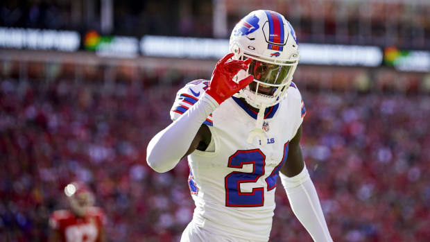 Oct 16, 2022; Kansas City, Missouri, USA; Buffalo Bills cornerback Kaiir Elam (24) waves to fans after an interception against the Kansas City Chiefs during the first half at GEHA Field at Arrowhead Stadium. Mandatory Credit: Jay Biggerstaff-USA TODAY Sports