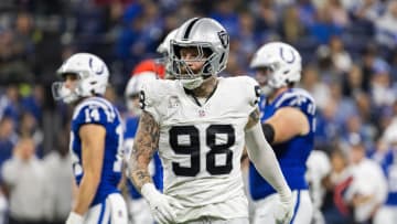 Dec 31, 2023; Indianapolis, Indiana, USA; Las Vegas Raiders defensive end Maxx Crosby (98) in the first half against the Indianapolis Colts at Lucas Oil Stadium. Mandatory Credit: Trevor Ruszkowski-USA TODAY Sports