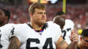 Aug 15, 2019; Glendale, AZ, USA; Oakland Raiders guard Richie Incognito (64) during a preseason game against the Arizona Cardinals at State Farm Stadium. Mandatory Credit: Mark J. Rebilas-USA TODAY Sports