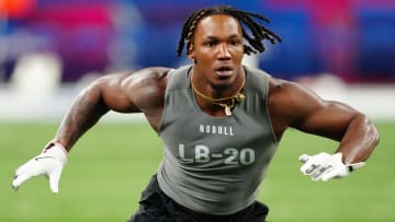 Feb 29, 2024; Indianapolis, IN, USA; Temple linebacker Jordan Magee (LB20) works out during the 2024 NFL Combine at Lucas Oil Stadium. Mandatory Credit: Kirby Lee-USA TODAY Sports