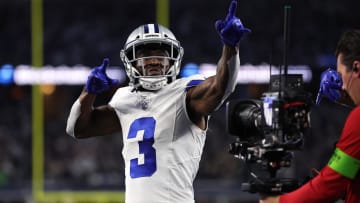 Nov 30, 2023; Arlington, Texas, USA; Dallas Cowboys wide receiver Brandin Cooks (3) celebrates after scoring a touchdown against the Seattle Seahawks during the first half at AT&T Stadium. Mandatory Credit: Tim Heitman-USA TODAY Sports