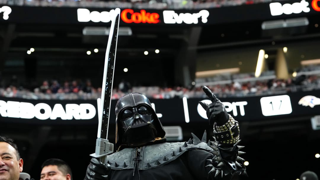 Jan 7, 2024; Paradise, Nevada, USA; A Las Vegas Raiders fan in costume cheers in a game between the Raiders and the Denver Broncos during the fourth quarter at Allegiant Stadium. Mandatory Credit: Stephen R. Sylvanie-USA TODAY Sports