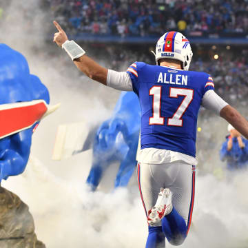 Dec 17, 2023; Orchard Park, New York, USA; Buffalo Bills quarterback Josh Allen (17) takes the field before the game against the Dallas Cowboys at Highmark Stadium. Mandatory Credit: Mark Konezny-USA TODAY Sports