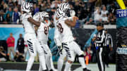 Cincinnati Bengals running back Joe Mixon (28) celebrates a rushing touchdown with teammates in the first half of a Week 13 NFL football game against the Jacksonville Jaguars, Monday, Dec. 4, 2023, at EverBank Stadium in Jacksonville, Fla.