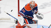 June 21, 2024; Edmonton, Alberta, CAN; Edmonton Oilers goaltender Stuart Skinner (74) makes a save against the Florida Panthers in the third period in game six of the 2024 Stanley Cup Final at Rogers Place. Mandatory Credit: Walter Tychnowicz-USA TODAY Sports