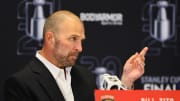 Jun 7, 2024; Sunrise, Florida, USA; Florida Panthers general manager Bill Zito speaks to reporters during media day in advance of the 2024 Stanley Cup Final at Amerant Bank Arena. Mandatory Credit: Sam Navarro-USA TODAY Sports