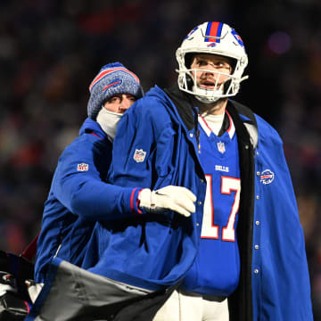 Jan 21, 2024; Orchard Park, New York, USA; Buffalo Bills quarterback Josh Allen (17) in the first half of the 2024 AFC divisional round game against the Kansas City Chiefs at Highmark Stadium. Mandatory Credit: Mark Konezny-USA TODAY Sports