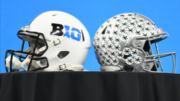 Jul 23, 2021; Indianapolis, Indiana, USA; A Big 10 helmet and Ohio State Buckeyes helmet are displayed during Big 10 media days at Lucas Oil Stadium. Mandatory Credit: Robert Goddin-USA TODAY Sports