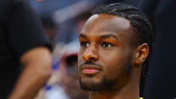 Jul 7, 2024; San Francisco, CA, USA; Los Angeles Lakers guard Bronny James Jr. (9) on the sideline before the game against the Golden State Warriors at Chase Center. Mandatory Credit: Kelley L Cox-USA TODAY Sports