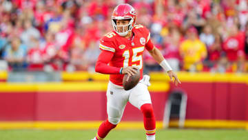 Oct 22, 2023; Kansas City, Missouri, USA; Kansas City Chiefs quarterback Patrick Mahomes (15) during the first half against the Los Angeles Chargers at GEHA Field at Arrowhead Stadium. Mandatory Credit: Jay Biggerstaff-USA TODAY Sports