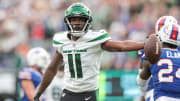 Nov 6, 2022; East Rutherford, New Jersey, USA; New York Jets wide receiver Denzel Mims (11) reacts after making a catch during the fourth quarter against the Buffalo Bills at MetLife Stadium. Mandatory Credit: Vincent Carchietta-USA TODAY Sports