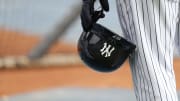 Mar 2, 2018; Tampa, FL, USA; A general view of New York Yankees third baseman Miguel Andujar (67) as he holds his helmet prior to the game against the Atlanta Braves at George M. Steinbrenner Field. Mandatory Credit: Kim Klement-USA TODAY Sports