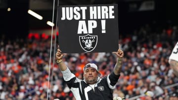 Jan 7, 2024; Paradise, Nevada, USA; A Las Vegas Raiders fan holds a sign during a game between the Raiders and the Denver Broncos during the second quarter at Allegiant Stadium. Mandatory Credit: Stephen R. Sylvanie-USA TODAY Sports