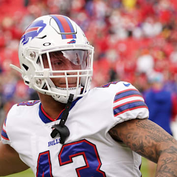 Oct 16, 2022; Kansas City, MO; Buffalo Bills linebacker Terrel Bernard (43) warms up against the Kansas City Chiefs prior to the game at GEHA Field at Arrowhead Stadium.  