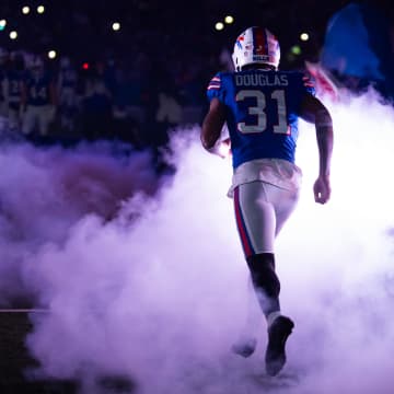 Jan 21, 2024; Orchard Park, New York, USA; Buffalo Bills cornerback Rasul Douglas (31) against the Kansas City Chiefs in the 2024 AFC divisional round game at Highmark Stadium. Mandatory Credit: Mark J. Rebilas-USA TODAY Sports