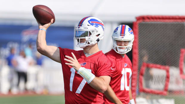 Bills quarterback position is in good hands with Josh Allen (17) and backup Mitchell Trubisky (10).

Jg 072821 Bills Allen 2