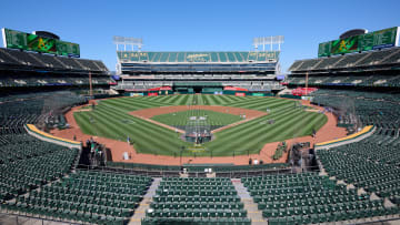 Aug 7, 2023; Oakland, California, USA; A general view of Oakland-Alameda County Coliseum before a game between the Oakland Athletics and the Texas Rangers.   Mandatory Credit: Robert Edwards-USA TODAY Sports