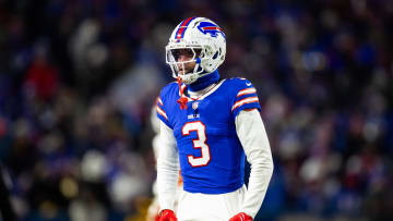 Jan 21, 2024; Orchard Park, New York, USA;  Buffalo Bills safety Damar Hamlin (3) during the 2024 AFC divisional round game against the Kansas City Chiefs at Highmark Stadium. Mandatory Credit: Mark J. Rebilas-USA TODAY Sports