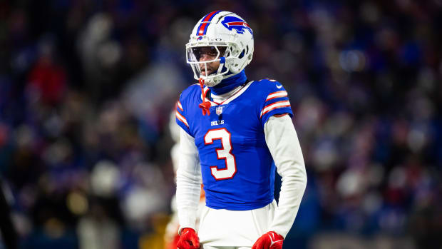 Jan 21, 2024; Orchard Park, New York, USA;  Buffalo Bills safety Damar Hamlin (3) during the 2024 AFC divisional round game against the Kansas City Chiefs at Highmark Stadium. Mandatory Credit: Mark J. Rebilas-USA TODAY Sports