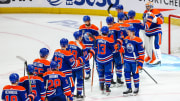 Jun 15, 2024; Edmonton, Alberta, CAN; Edmonton Oilers goaltender Stuart Skinner (74) celebrate win with teammates after defeating Florida Panthers in game four of the 2024 Stanley Cup Final at Rogers Place. 