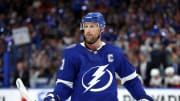 Apr 27, 2024; Tampa, Florida, USA; Tampa Bay Lightning center Steven Stamkos (91) looks on against the Florida Panthers during the third period in Game 4 of the first round of the 2024 Stanley Cup playoffs at Amalie Arena.