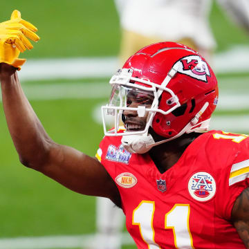 Feb 11, 2024; Paradise, Nevada, USA; Kansas City Chiefs wide receiver Marquez Valdes-Scantling (11) celebrates a touchdown catch against the San Francisco 49ers in the second half in Super Bowl LVIII at Allegiant Stadium. Mandatory Credit: Stephen R. Sylvanie-USA TODAY Sports