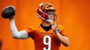 Cincinnati Bengals quarterback Joe Burrow (9) throws a pass at Bengals spring practice at the IEL Indoor Facility in Cincinnati on Tuesday, June 11, 2024.