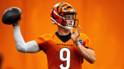 Cincinnati Bengals quarterback Joe Burrow (9) throws a pass at Bengals spring practice at the IEL Indoor Facility in Cincinnati on Tuesday, June 11, 2024.