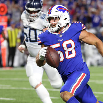 Bills linebacker Matt Milano returns this interception 43 yards for a touchdown against the Titans.