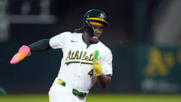 Sep 6, 2024; Oakland, California, USA; Oakland Athletics right fielder Lawrence Butler (4) runs to third base against the Detroit Tigers during the fourth inning at Oakland-Alameda County Coliseum.