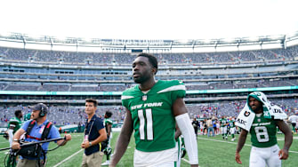 New York Jets wide receiver Denzel Mims (11) walks off the field after a 31-27 win over the New York Giants in a preseason game at MetLife Stadium on Sunday, August 28, 2022.

Nfl Giants Vs Jets Preseason Game Giants At Jets