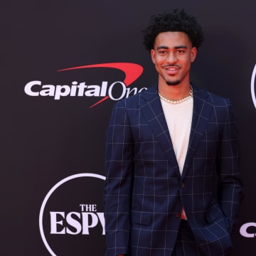 Jul 11, 2024; Los Angeles, CA, USA; Carolina Panthers quarterback Bryce Young arrives on the red carpet before the 2024 ESPYS at Dolby Theatre. Mandatory Credit: Kiyoshi Mio-USA TODAY Sports