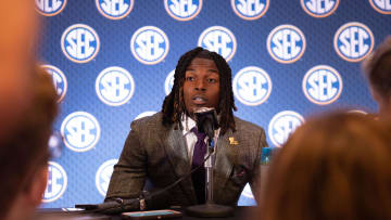 Jul 15, 2024; Dallas, TX, USA; LSU linebacker Harold Perkins speaking to the media at Omni Dallas Hotel. Mandatory Credit: Brett Patzke-USA TODAY Sports