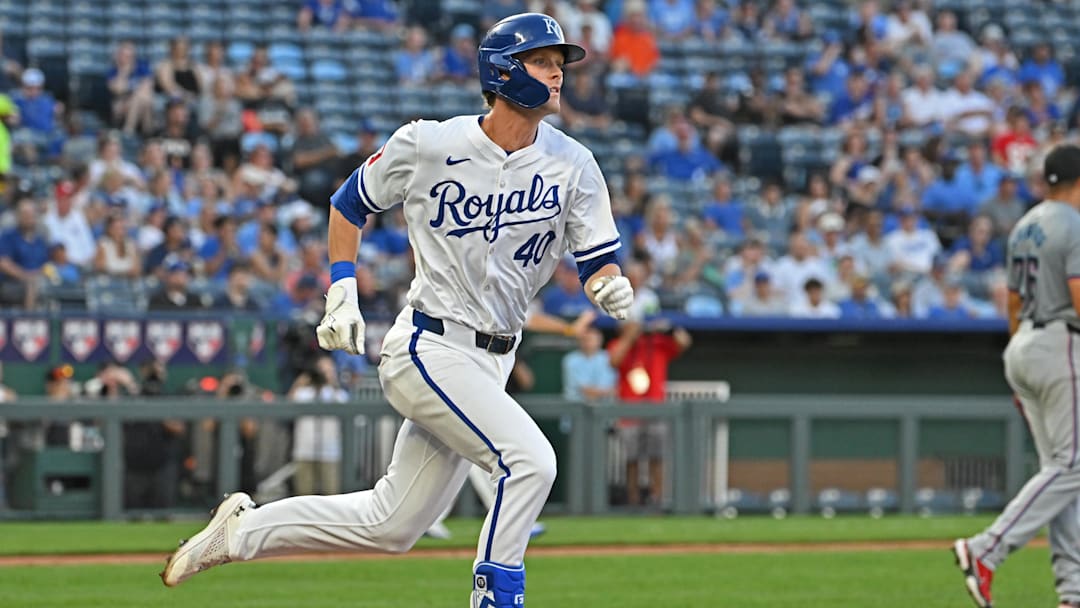 Jun 25, 2024; Kansas City, Missouri, USA; Kansas City Royals third baseman CJ Alexander (40) runs to first base in the fourth inning against the Miami Marlins at Kauffman Stadium. Mandatory Credit: Peter Aiken-Imagn Images