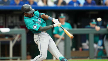 Jun 7, 2024; Kansas City, Missouri, USA; Seattle Mariners second baseman Ryan Bliss (1) hits a home run during the first inning against the Kansas City Royals at Kauffman Stadium. Mandatory Credit: Jay Biggerstaff-USA TODAY Sports