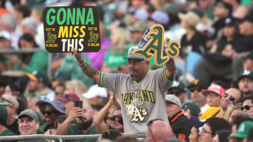 Aug 17, 2024; Oakland, California, USA; A fan of the Oakland Athletics holds up a sign during the eighth inning against the San Francisco Giants at Oakland-Alameda County Coliseum. Mandatory Credit: Darren Yamashita-USA TODAY Sports