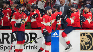 Jun 1, 2024; Sunrise, Florida, USA; Florida Panthers center Sam Bennett (9) celebrates a goal against the New York Rangers with defenseman Dmitry Kulikov (7) during the first period in game six of the Eastern Conference Final of the 2024 Stanley Cup Playoffs at Amerant Bank Arena. Mandatory Credit: Jim Rassol-USA TODAY Sports