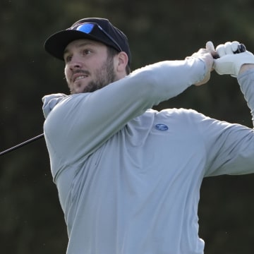 Feb 1, 2024; Pebble Beach, California, USA; Buffalo Bills quarterback Josh Allen hits his tee shot on the 11th hole during the first round of the AT&T Pebble Beach Pro-Am golf tournament at Spyglass Hill Golf Course. Mandatory Credit: Michael Madrid-USA TODAY Sports