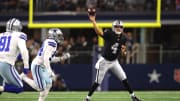 Aug 26, 2023; Arlington, Texas, USA; Las Vegas Raiders quarterback Aidan O'Connell (4) throws a pass in the second quarter against the Dallas Cowboys at AT&T Stadium. Mandatory Credit: Tim Heitman-USA TODAY Sports