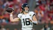 Dec 24, 2023; Tampa, Florida, USA; Jacksonville Jaguars quarterback Trevor Lawrence (16) throws the ball against the Tampa Bay Buccaneers in the second quarter at Raymond James Stadium. Mandatory Credit: Jeremy Reper-USA TODAY Sports